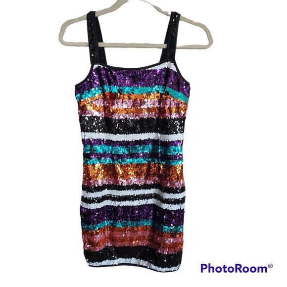 Shop 17 Full Sequin Mini Dress Multi Colored Rainbow Stripes Size Small NWOT - Picture 3 of 7